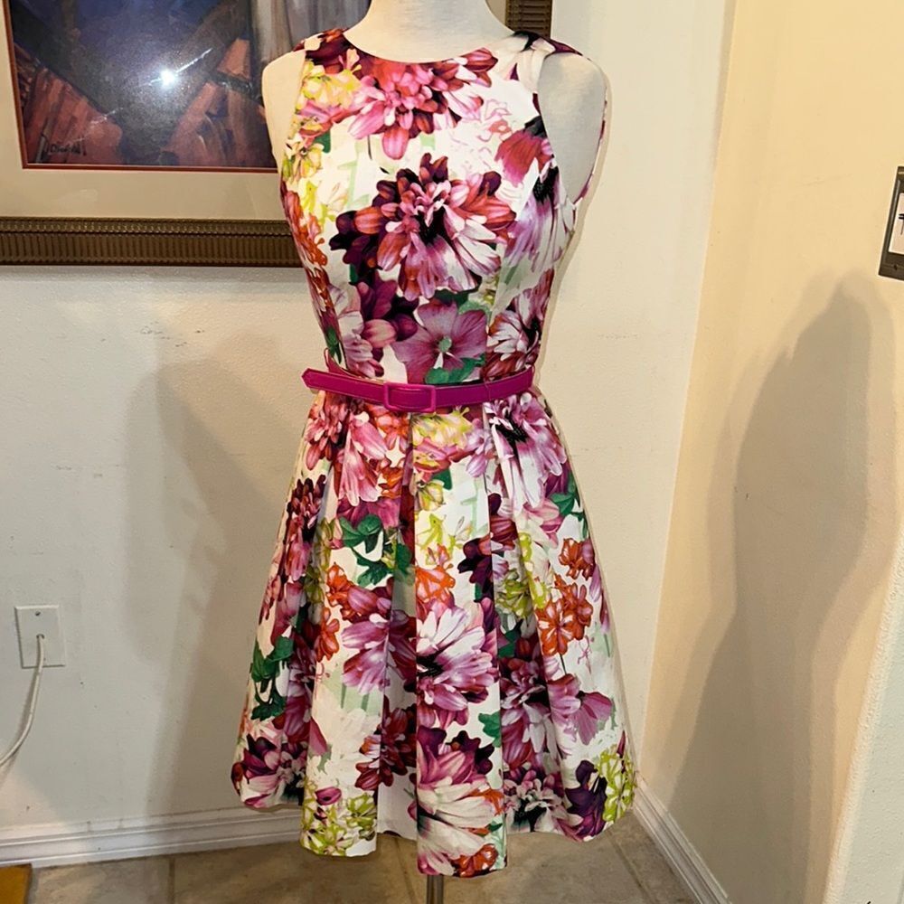 Eliza J. Floral Sleeveless Dress with Pink Belt Size 2